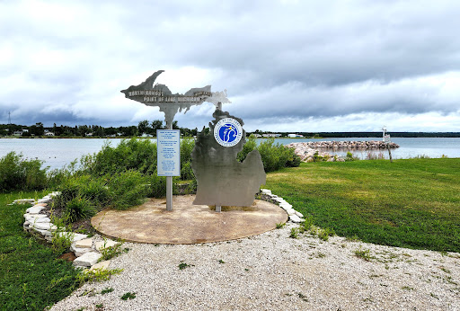 Michigan lakeshore sign with scenic view