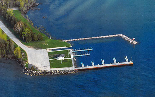 Aerial view of lake dock and boat launch.