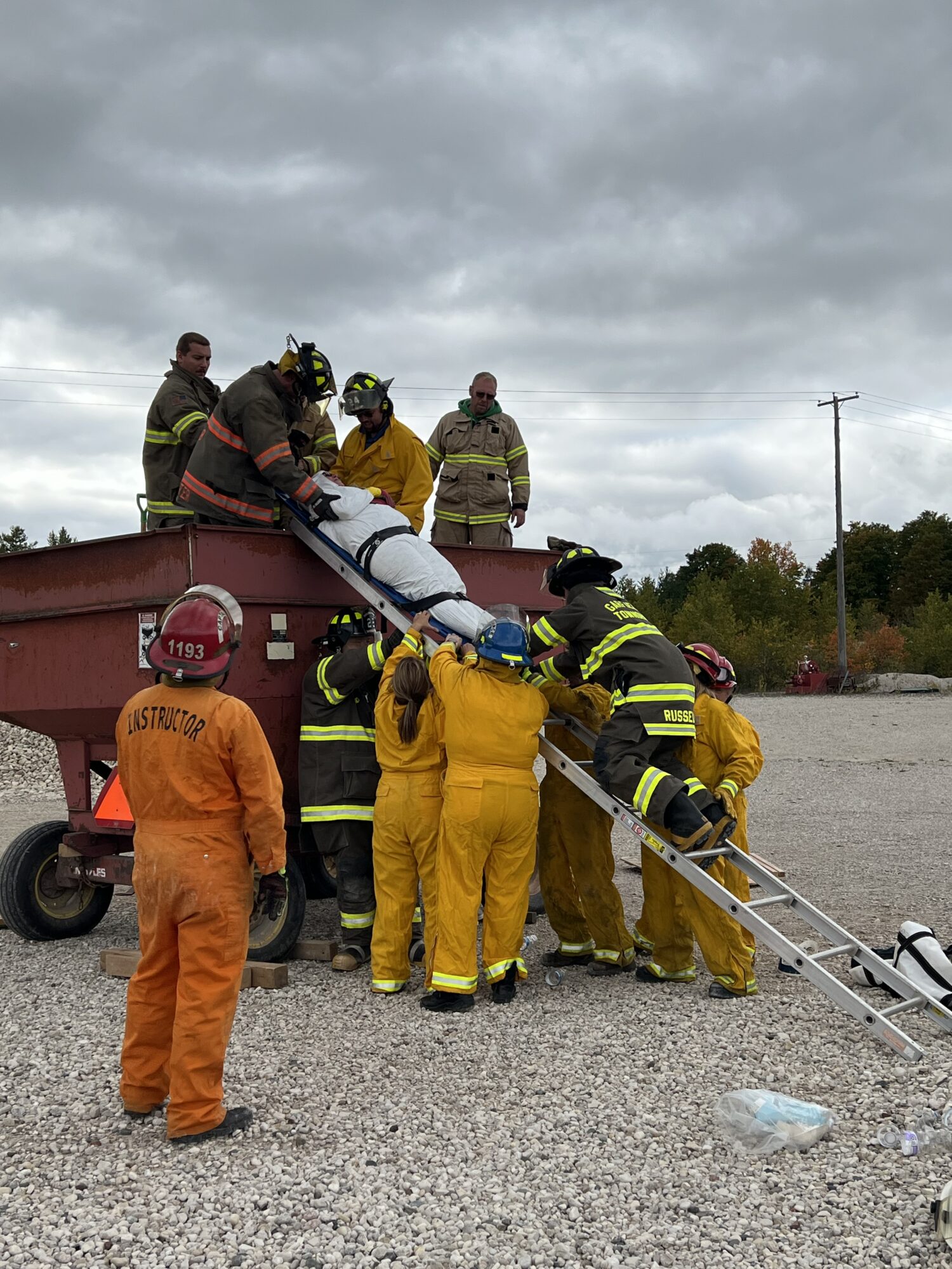 Firefighters conducting emergency rescue training exercise